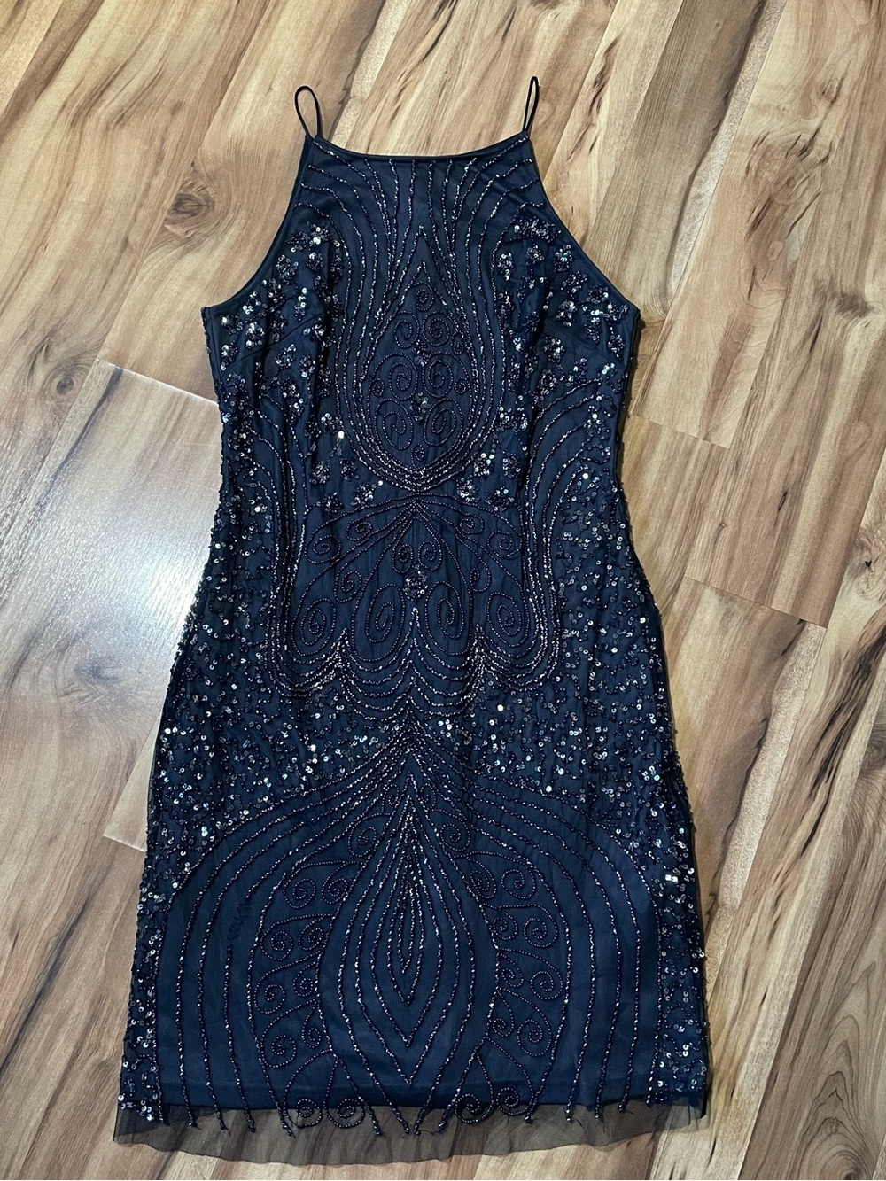 Adrianna Papell Embellished Sequin/Beaded Mesh Cocktail Party Dress Navy Blue 14